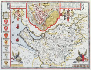 Chester megye Palatine, Jodocus Hondius (1563-1612) metszete John Speed "Theatre of the Empire of the Great Britain" kocsmájából. John Sudbury és George Humble, 1611-12 (kézzel festett zsaru